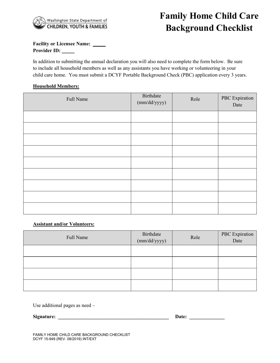 DCYF Form 15-949 Family Home Child Care Background Checklist - Washington, Page 1