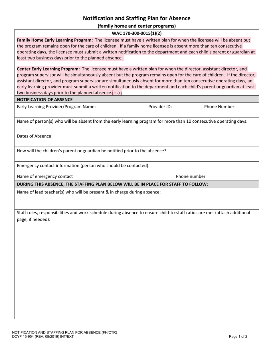 DCYF Form 15-954 Notification and Staffing Plan for Absence (Family Home and Center Programs) - Washington, Page 1