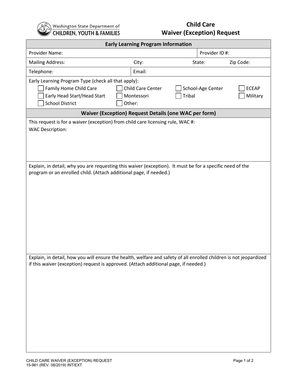 DCYF Form 15-961 Child Care Waiver (Exception) Request - Washington, Page 1