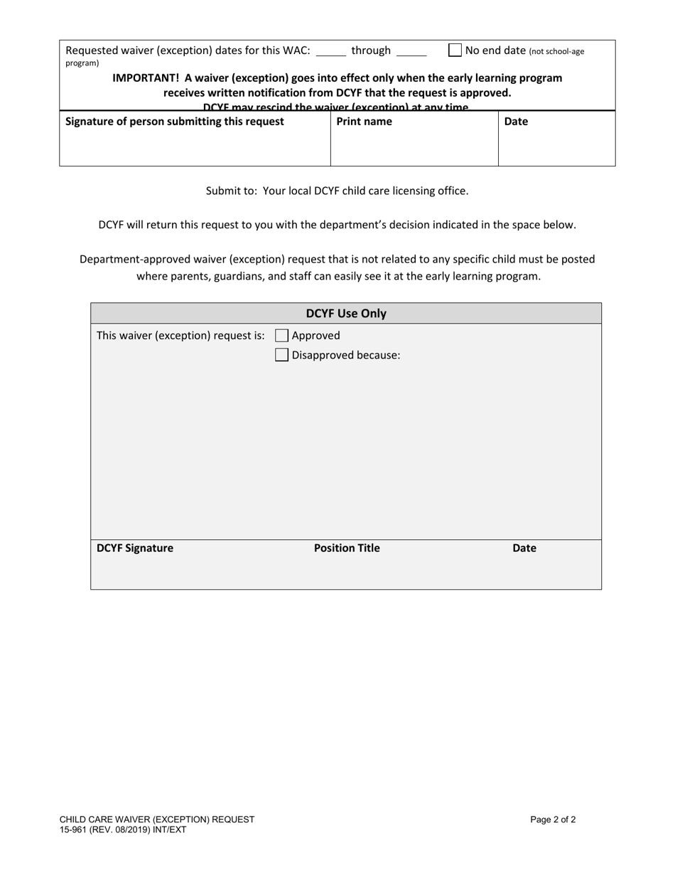 DCYF Form 15-961 Child Care Waiver (Exception) Request - Washington, Page 2