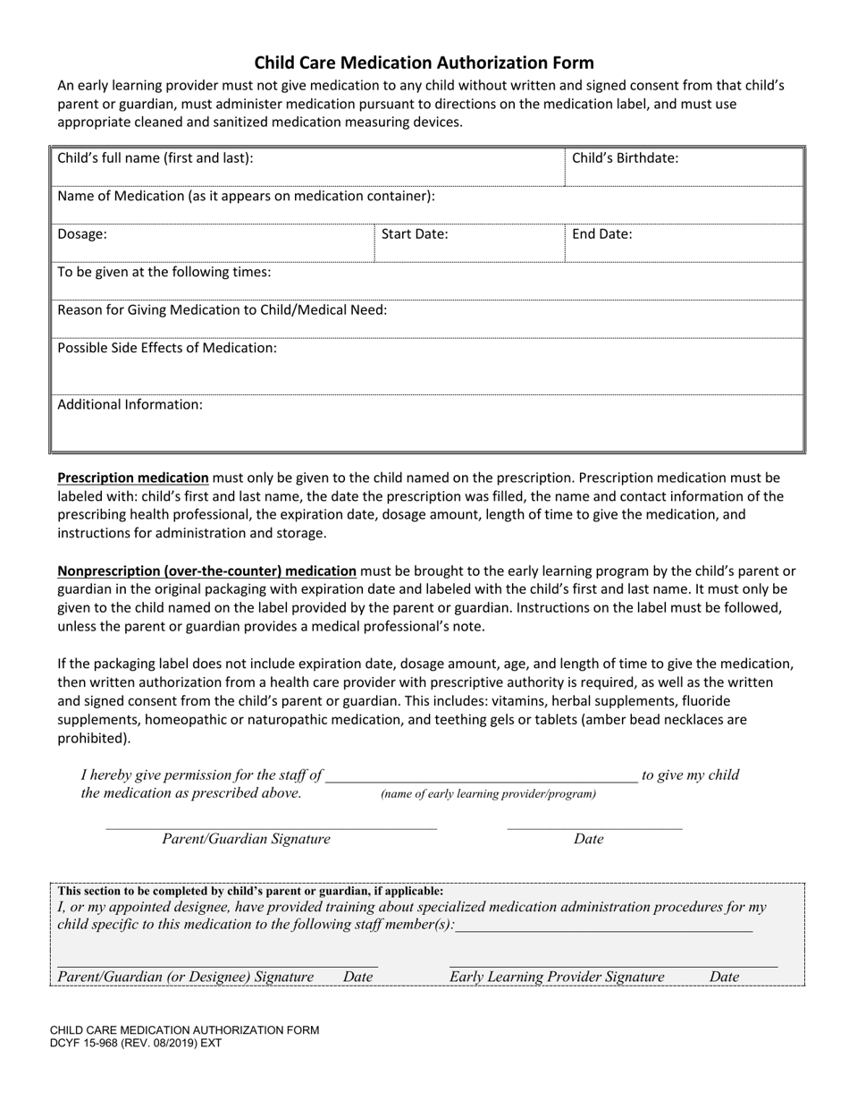 DCYF Form 15-968 Child Care Medication Authorization Form - Washington, Page 1