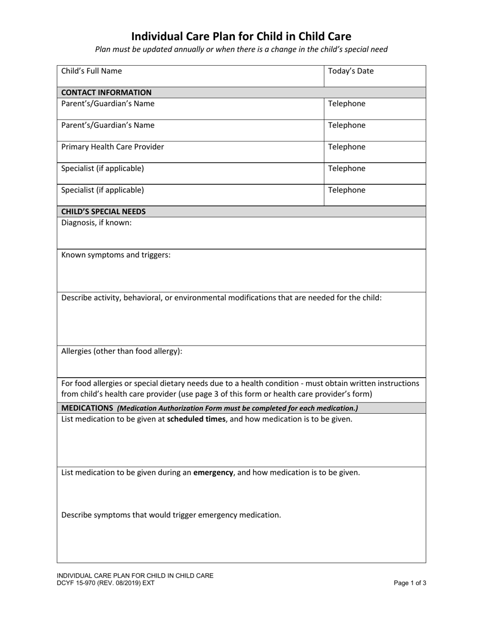 DCYF Form 15-970 Individual Care Plan for Child in Child Care - Washington, Page 1
