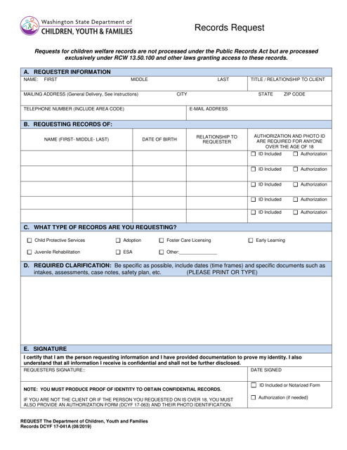 DCYF Form 17-041A Records Request - Washington