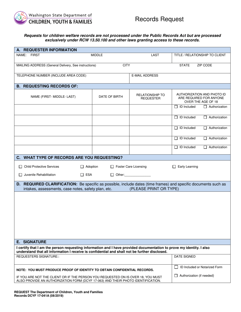 DCYF Form 17-041A Records Request - Washington, Page 1