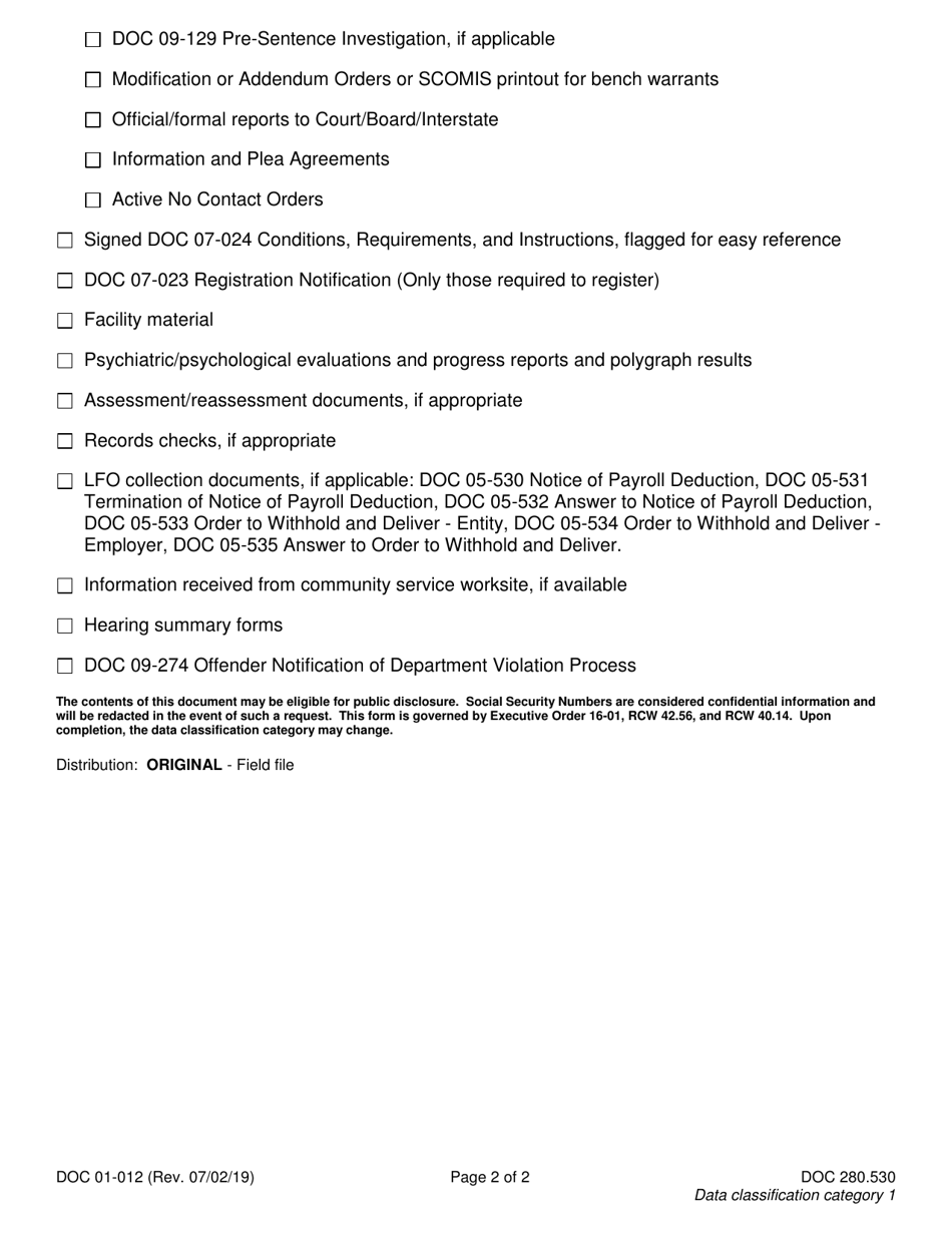Form DOC01-012 File Maintenance Checklist - Washington, Page 2