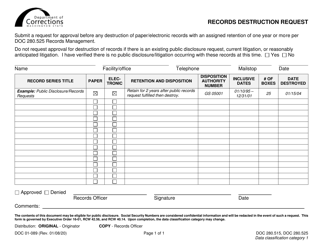 Document preview: Form DOC01-089 Records Destruction Request - Washington