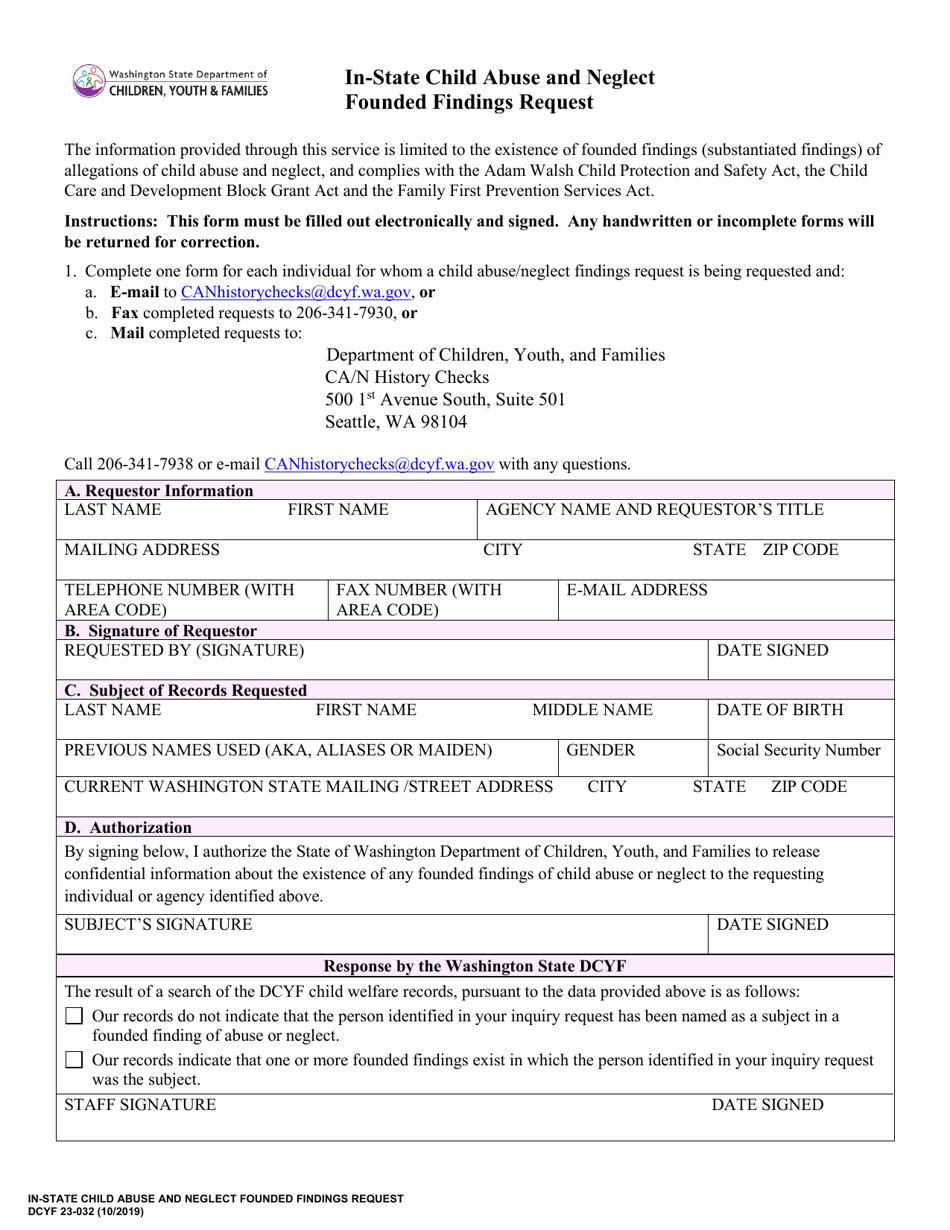 DCYF Form 23-032 In-state Child Abuse and Neglect Founded Findings Request - Washington, Page 1