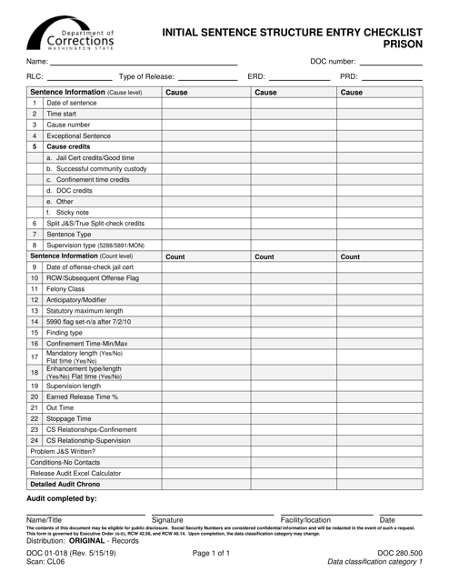 Form DOC01-018 Initial Sentence Structure Entry Checklist - Prison - Washington