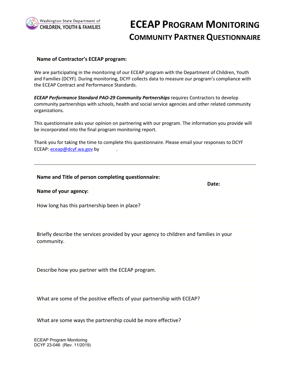 DCYF Form 23-046 Eceap Program Monitoring Community Partner Questionnaire - Washington, Page 1