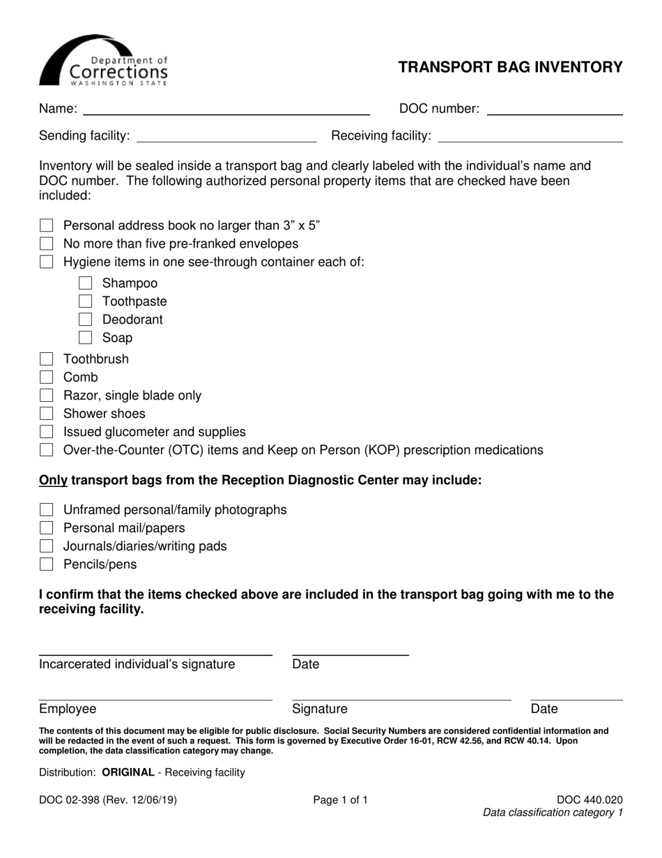 Form DOC02-398 Transport Bag Inventory - Washington, Page 1