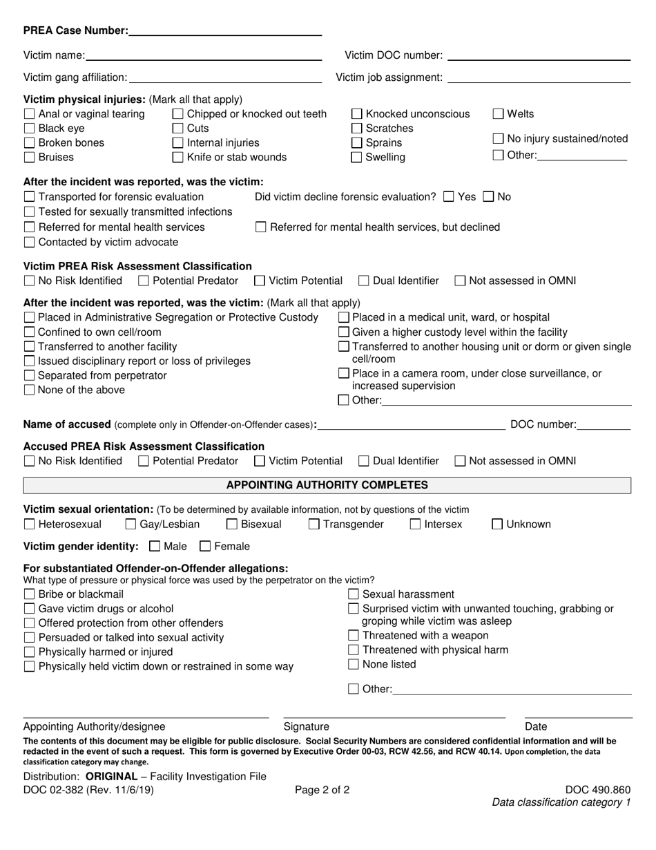 Form DOC02-382 Prea Data Collection Checklist - Washington, Page 2