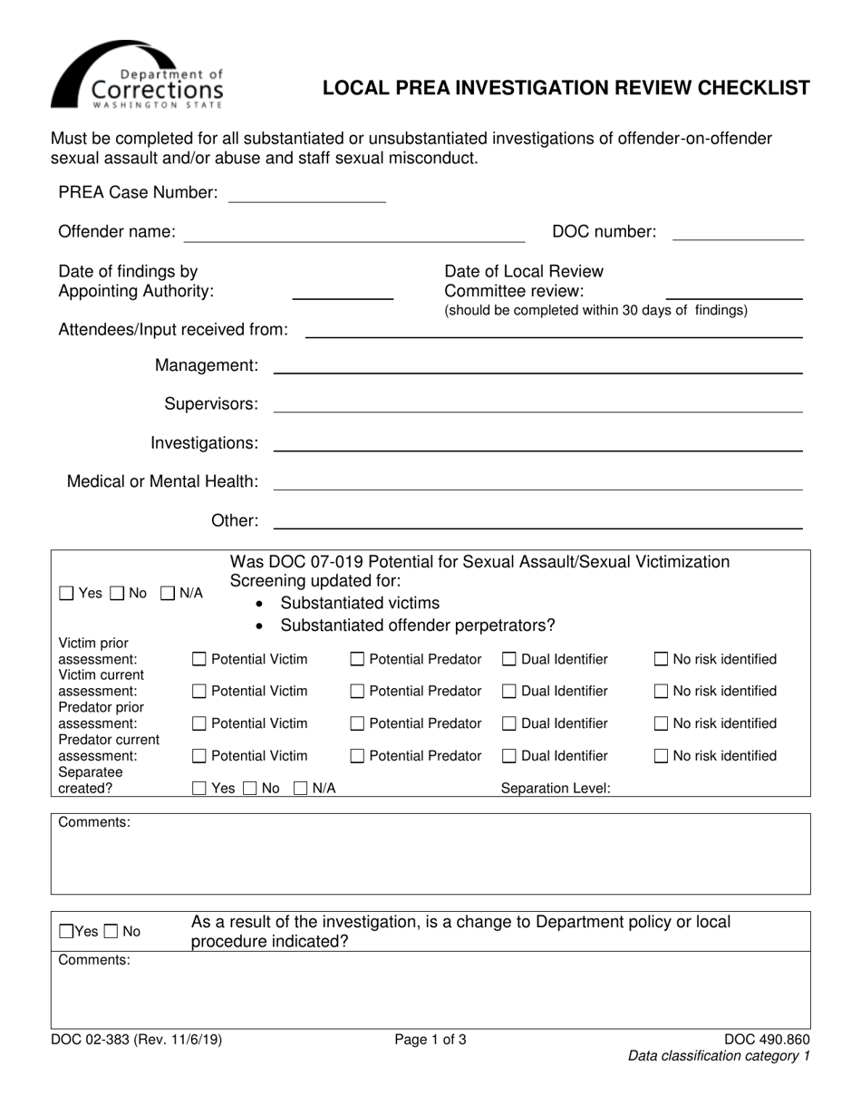 Form DOC02-383 Local Prea Investigation Review Checklist - Washington, Page 1