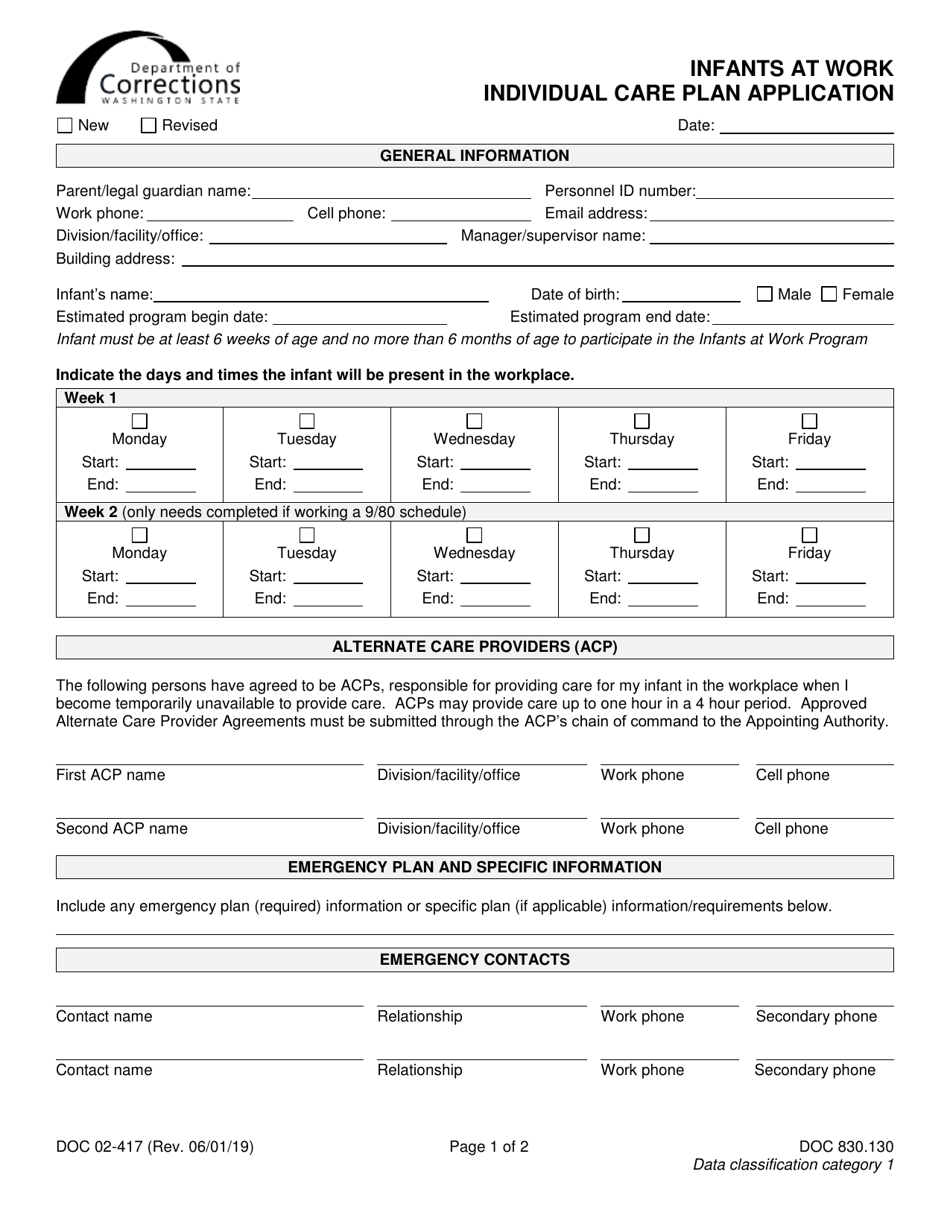 Form DOC02-417 Infants at Work Individual Care Plan Application - Washington, Page 1