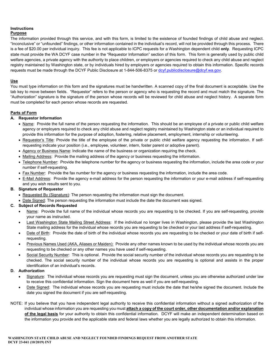 DCYF Form 23-041 Washington State Child Abuse and Neglect Founded Findings Request From Another State - Washington, Page 2