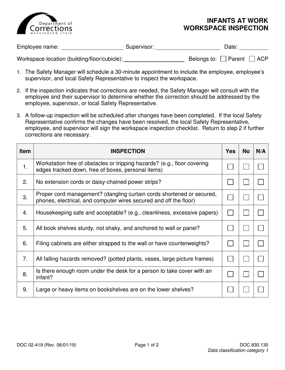 Form DOC02-419 Infants at Work Workspace Inspection - Washington, Page 1