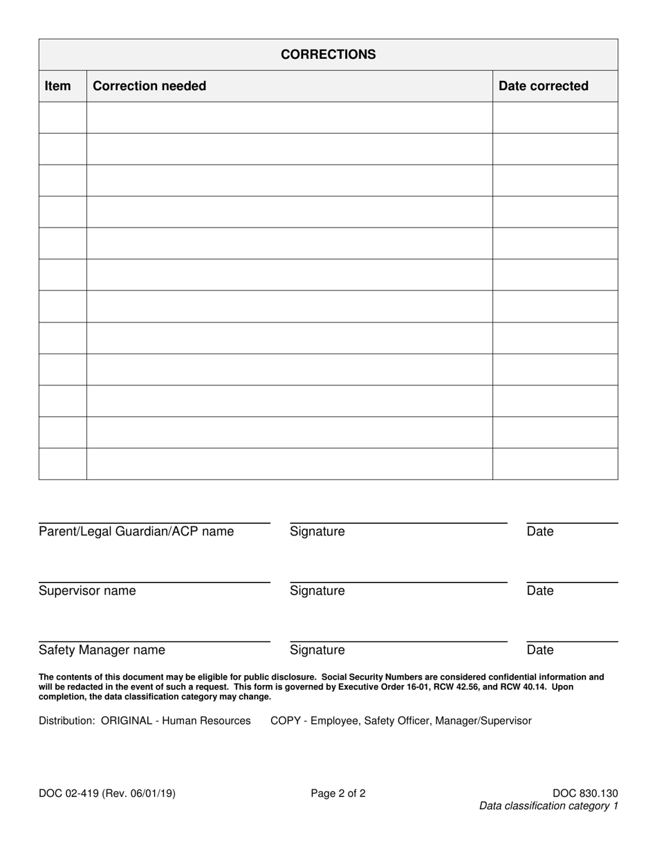 Form DOC02-419 Infants at Work Workspace Inspection - Washington, Page 2
