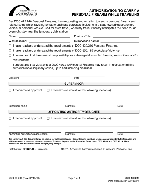 Form DOC03-508 Authorization to Carry a Personal Firearm While Traveling - Washington