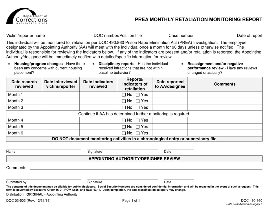Form DOC03-503 Prea Monthly Retaliation Monitoring Report - Washington, Page 1