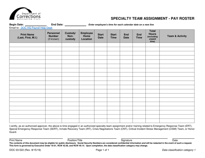 Form DOC03-522 Specialty Team Assignment - Pay Roster - Washington
