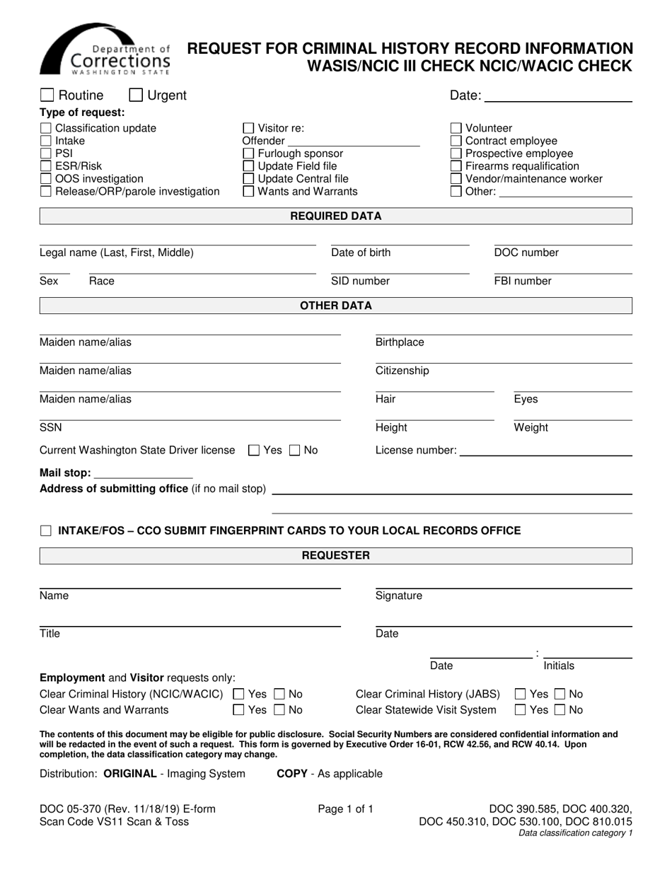 Form DOC05-370 Request for Criminal History Record Information Wasis / Ncic Iii Check Ncic / Wacic Check - Washington, Page 1