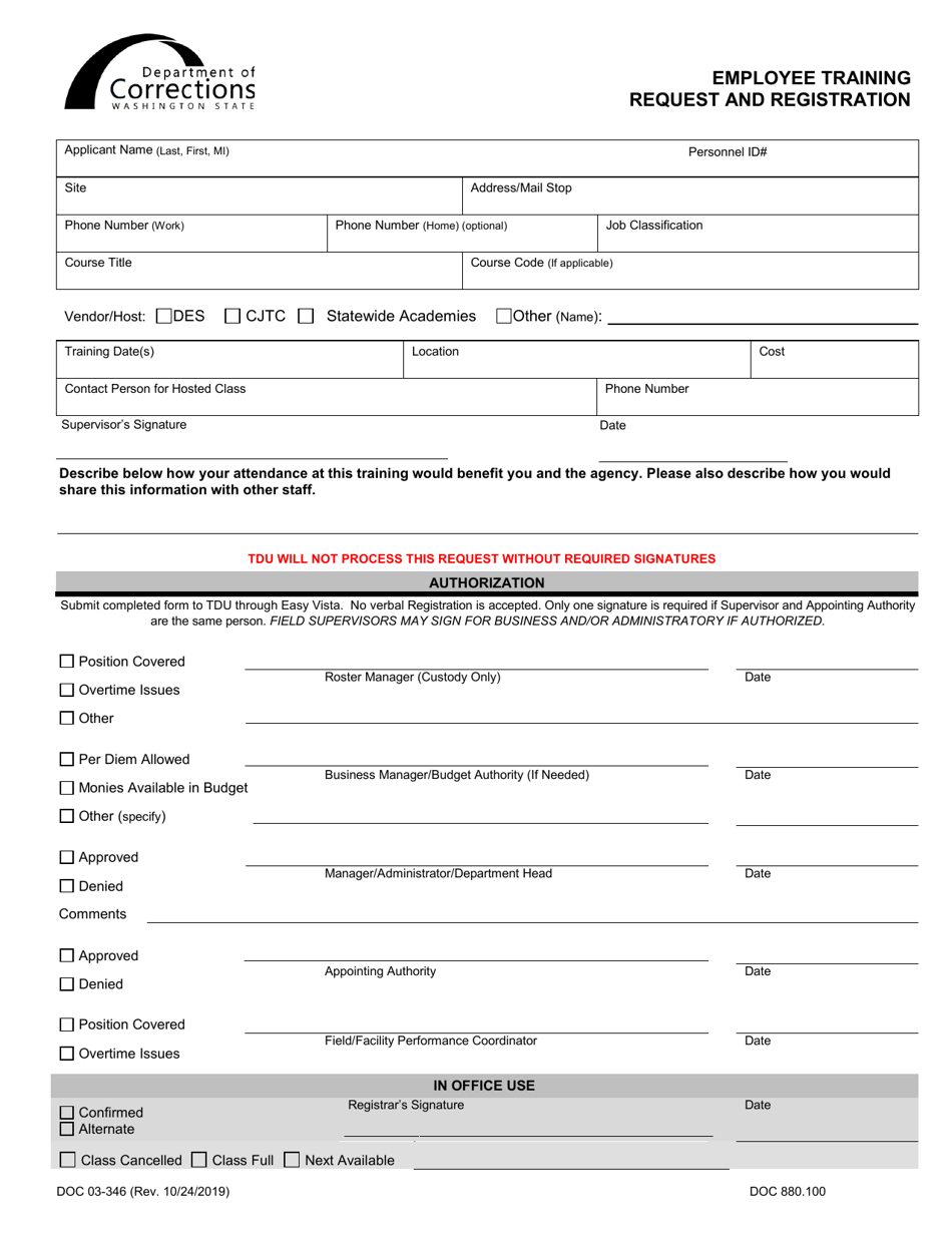 Form DOC03-346 Employee Training Request and Registration - Washington, Page 1
