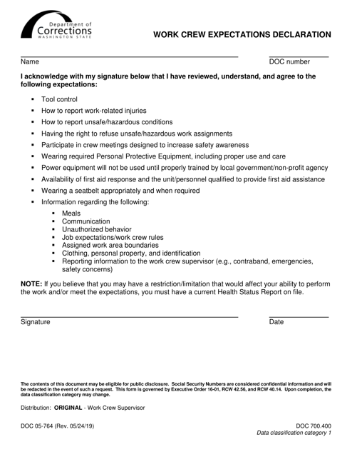 Form DOC05-764 Work Crew Expectations Declaration - Washington