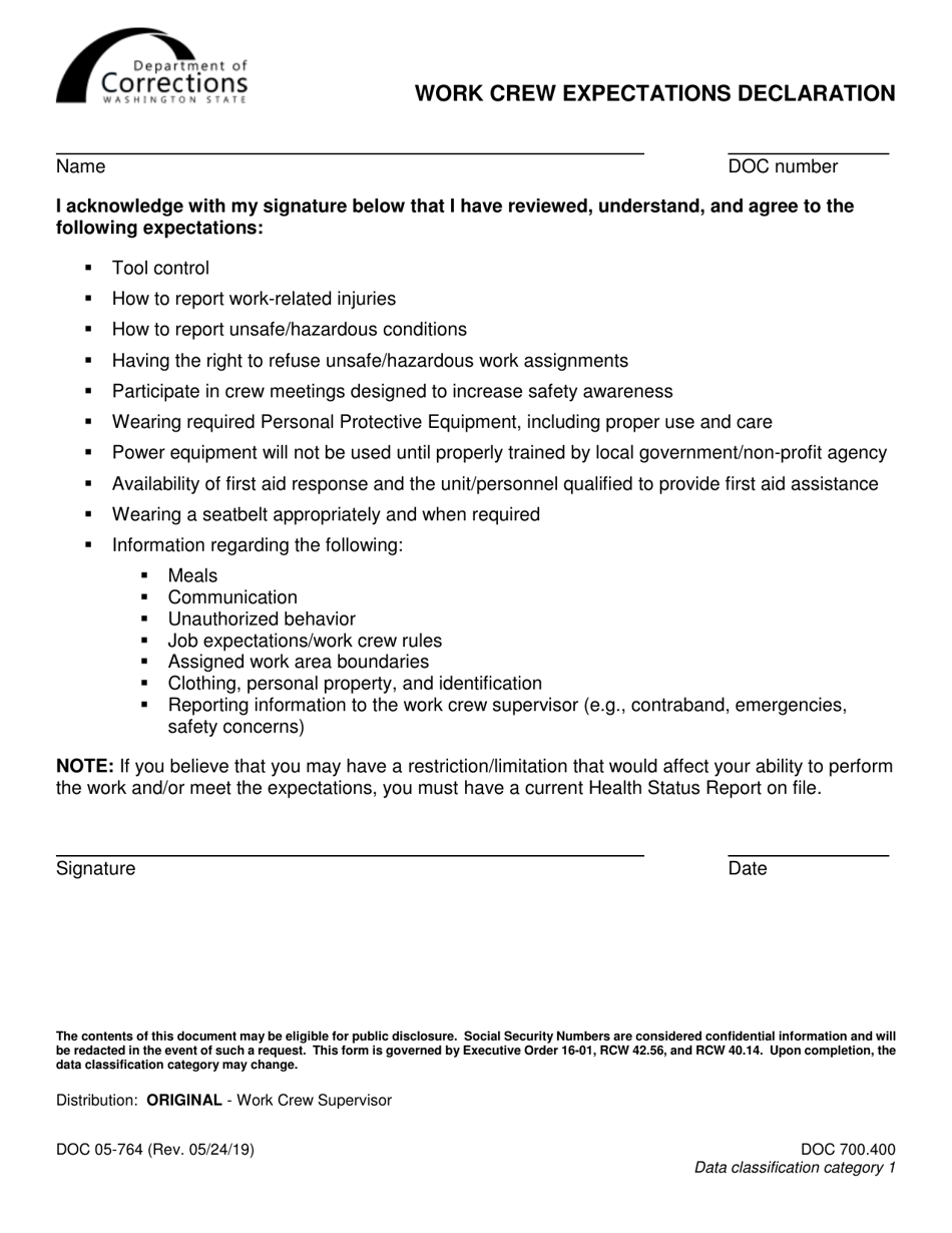 Form DOC05-764 Work Crew Expectations Declaration - Washington, Page 1
