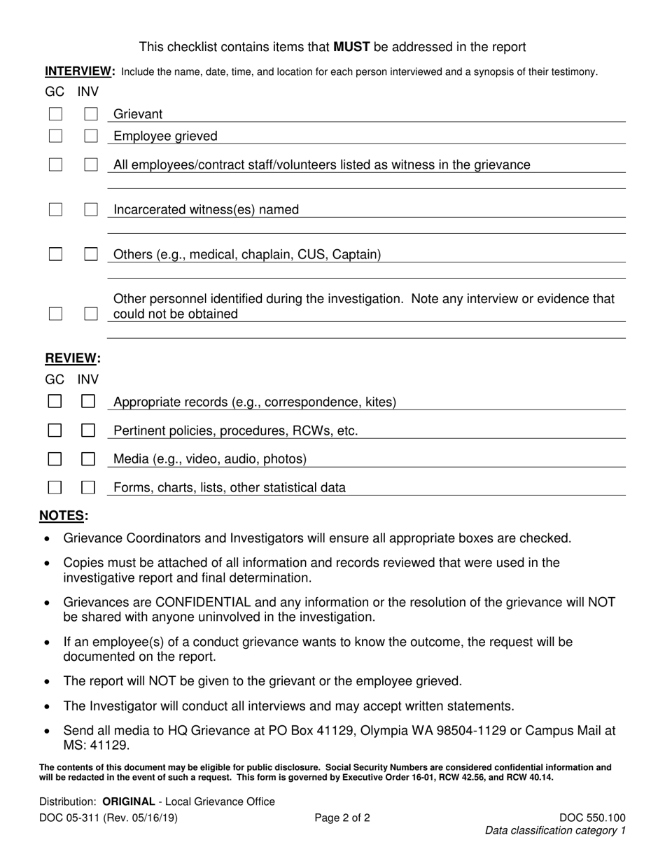 Form DOC05-311 Grievance Investigator Report - Washington, Page 2