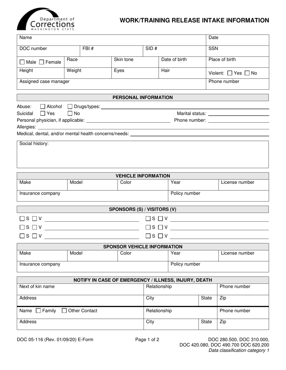 Form DOC05-116 Work / Training Release Intake Information - Washington, Page 1