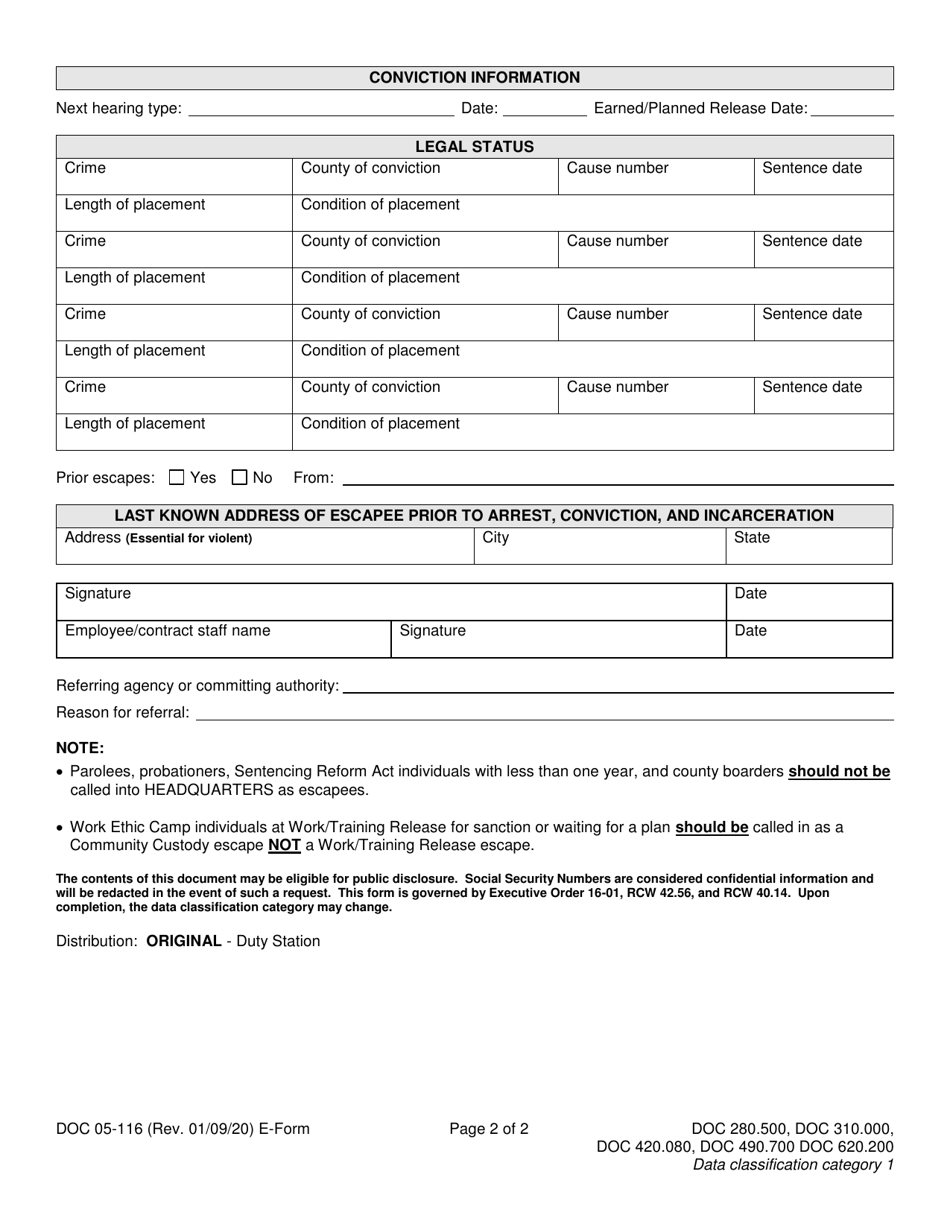Form DOC05-116 Work / Training Release Intake Information - Washington, Page 2