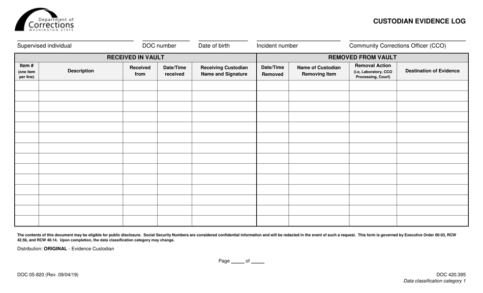 Form DOC05-820 Custodian Evidence Log - Washington, Page 1