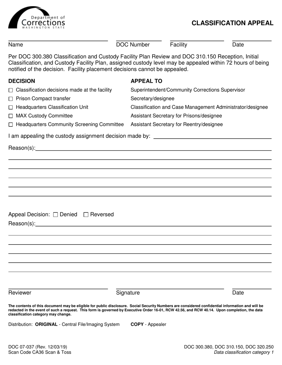 Form DOC07-037 Classification Appeal - Washington, Page 1