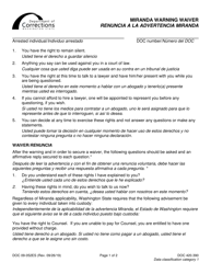 Document preview: Form DOC09-052 Miranda Warning Waiver - Washington (English/Spanish)