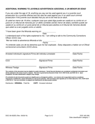 Form DOC09-052 Miranda Warning Waiver - Washington (English/Spanish), Page 2