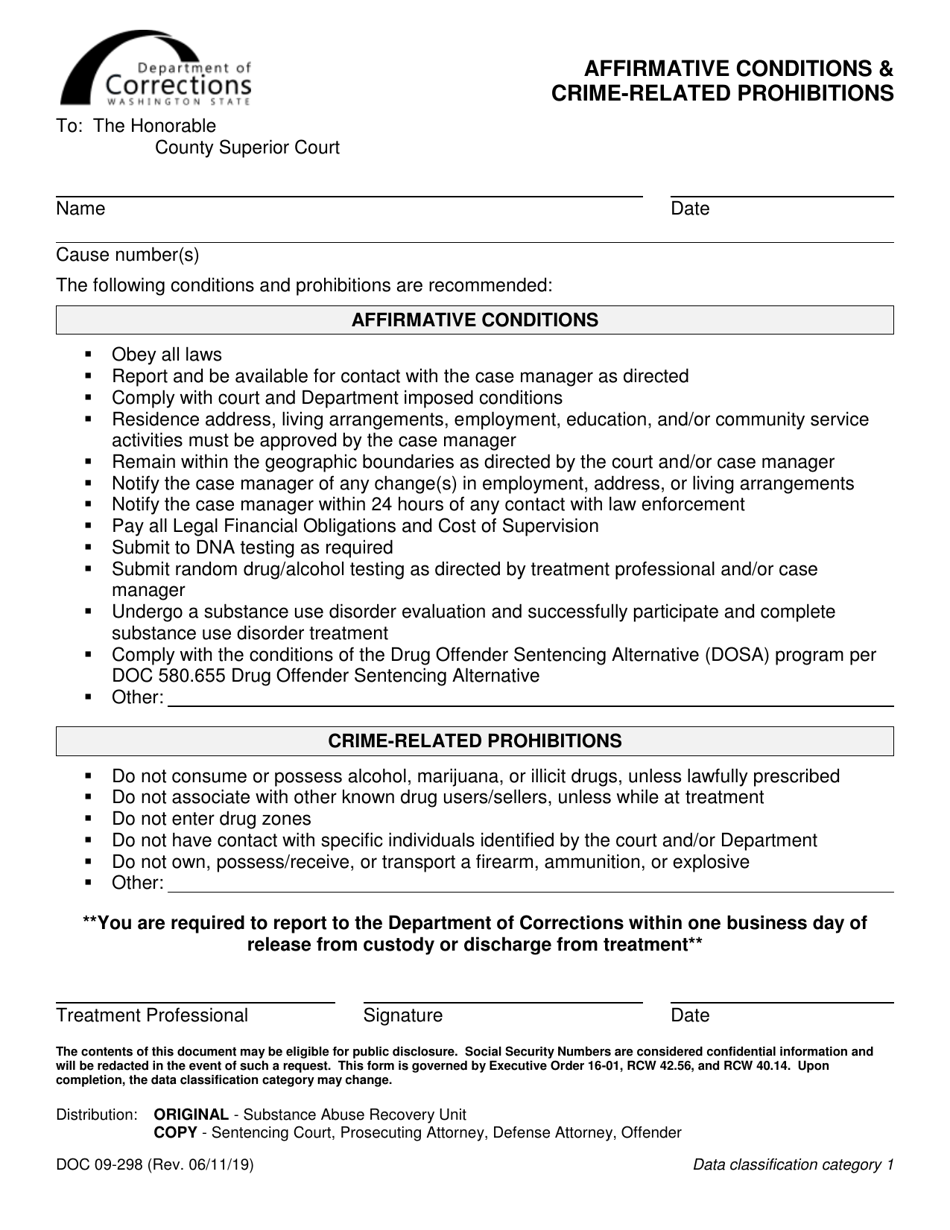 Form DOC09-298 Affirmative Conditions  Crime-Related Prohibitions - Washington, Page 1