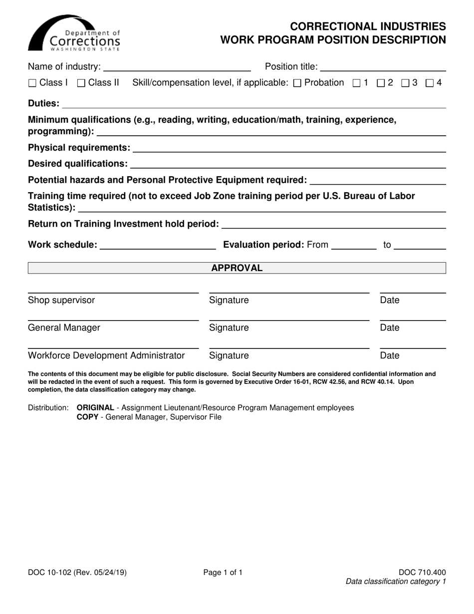 Form DOC10-102 Correctional Industries Work Program Position Description - Washington, Page 1