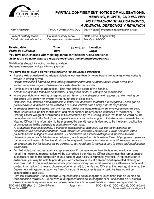 Form DOC09-230 Partial Confinement Notice of Allegations, Hearing, Rights, and Waiver - Washington (English/Spanish)