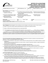 Document preview: Form DOC09-231 Notice of Allegations, Hearing, Rights, and Waiver - Washington (English/Spanish)