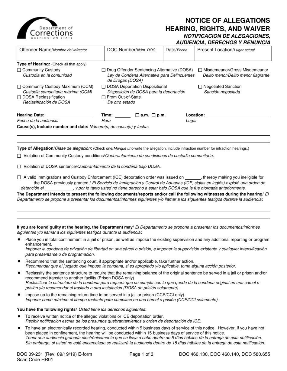 Form DOC09-231 Notice of Allegations, Hearing, Rights, and Waiver - Washington (English / Spanish), Page 1