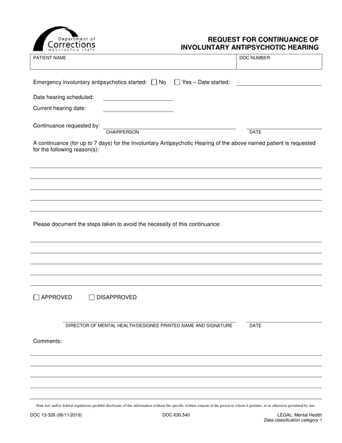 Form DOC13-326 Request for Continuance of Involuntary Antipsychotic Hearing - Washington