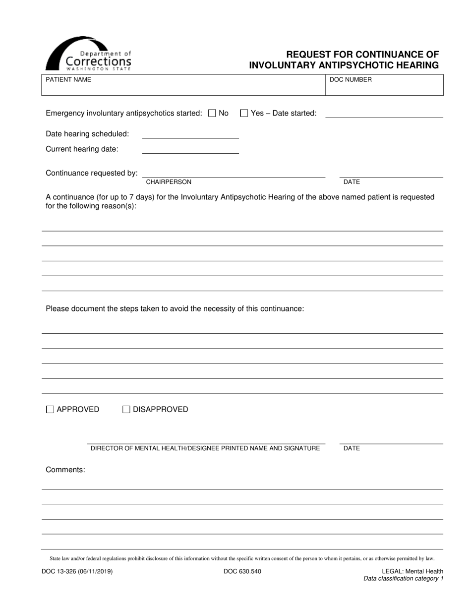 Form DOC13-326 Request for Continuance of Involuntary Antipsychotic Hearing - Washington, Page 1