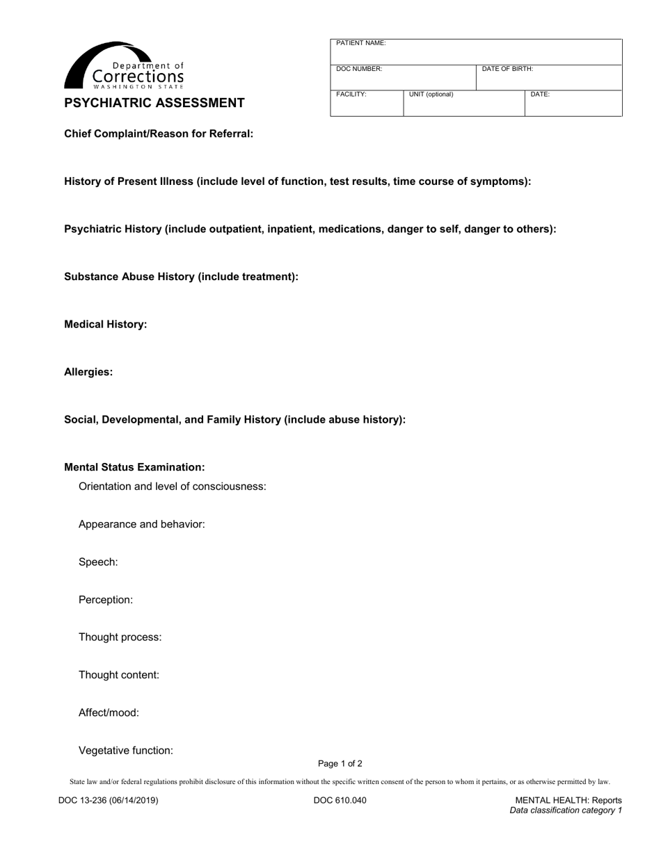 Form DOC13-236 Psychiatric Assessment - Washington, Page 1