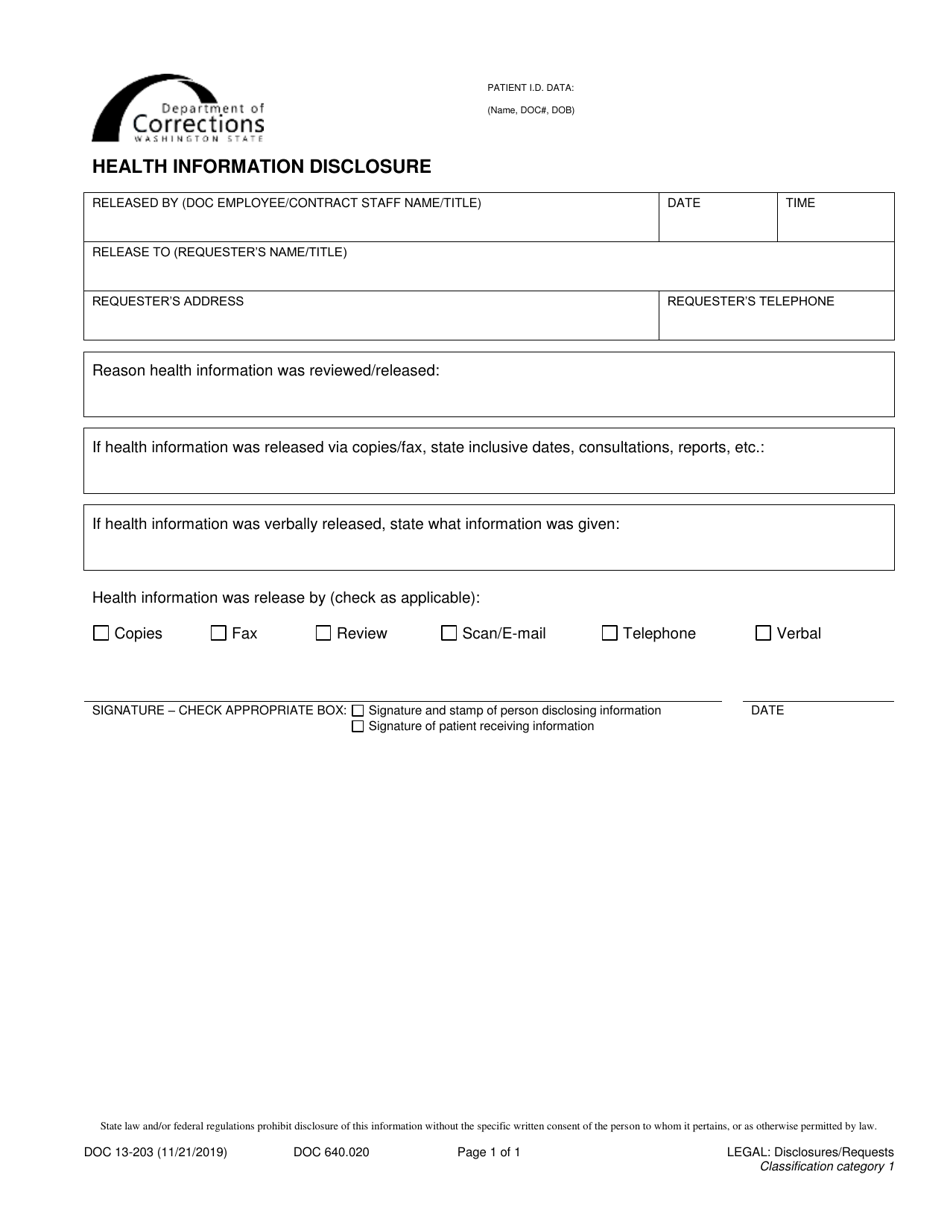 Form DOC13-203 Health Information Disclosure - Washington, Page 1