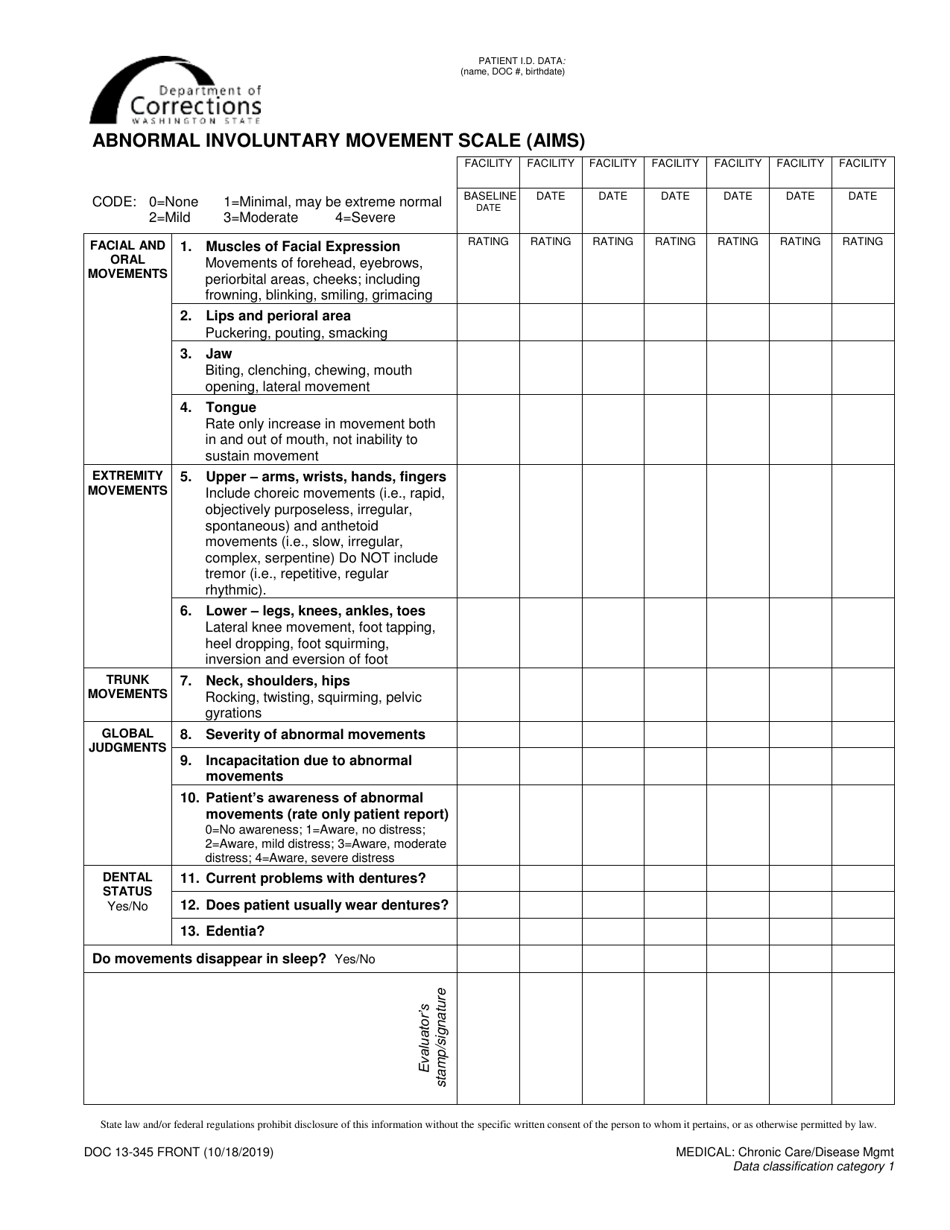 Form DOC13-345 Abnormal Involuntary Movement Scale (Aims) - Washington, Page 1