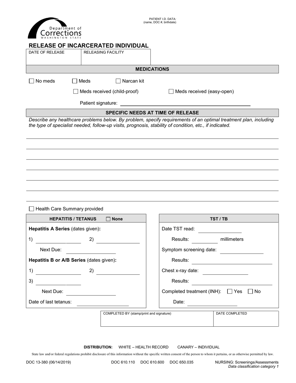 Form DOC13-380 Release of Incarcerated Individual - Washington, Page 1