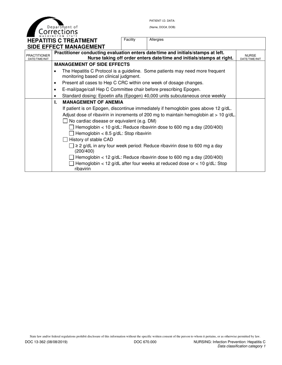 Form DOC13-362 Hepatitis C Treatment Side Effect Management - Washington, Page 1