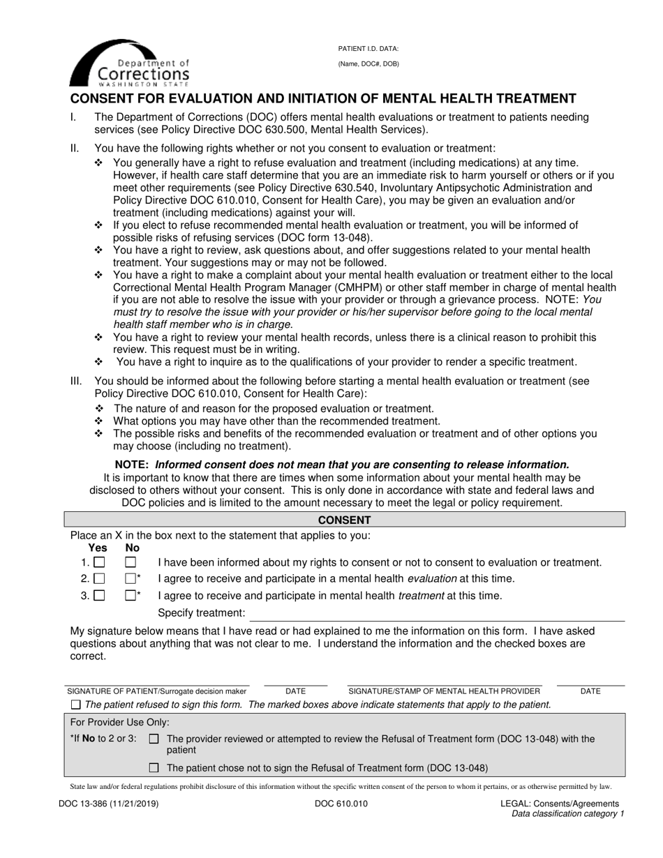 Form DOC13-386 Consent for Evaluation and Initiation of Mental Health Treatment - Washington, Page 1