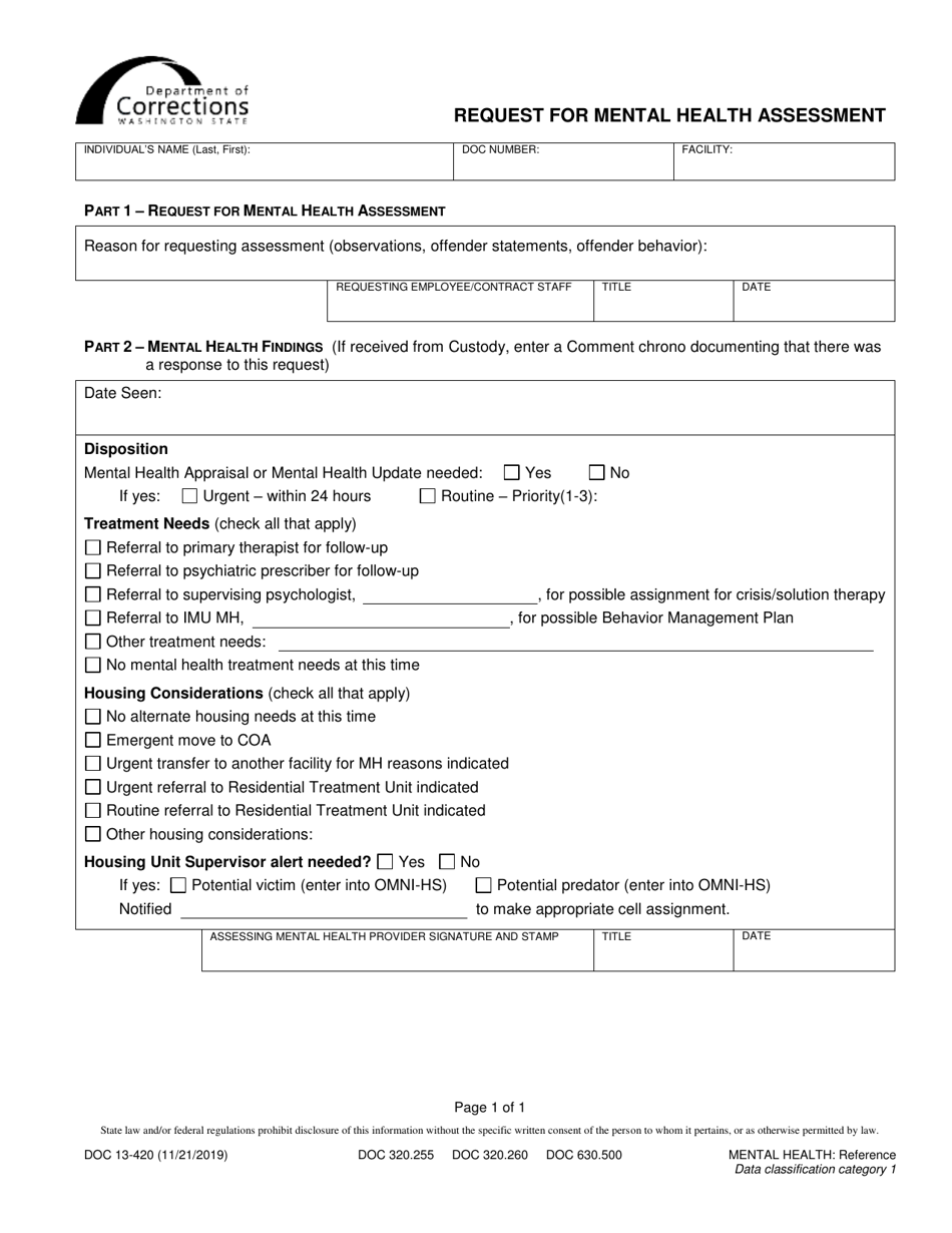 Form DOC13-420 Request for Mental Health Assessment - Washington, Page 1