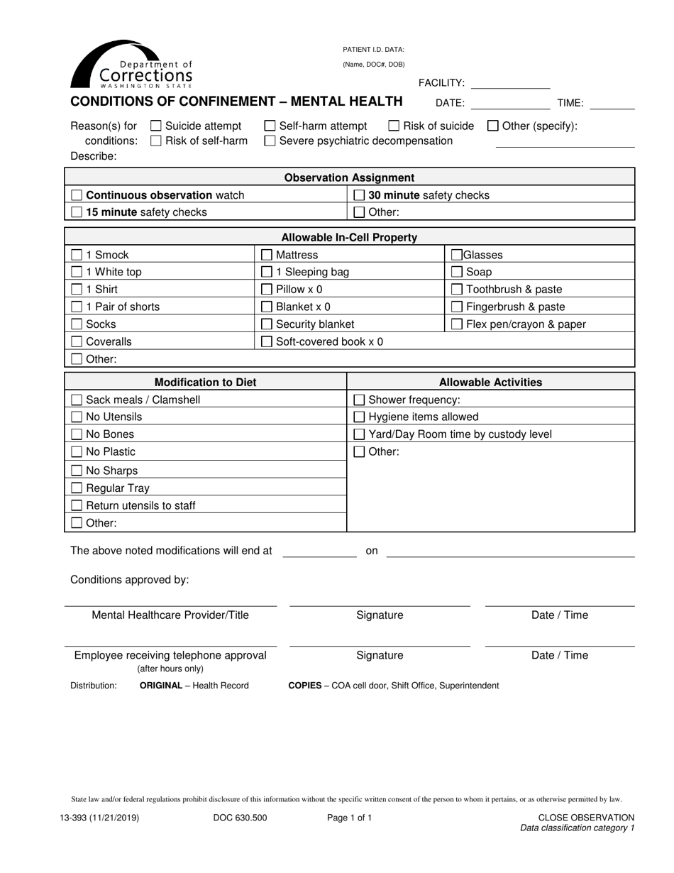 Form DOC13-393 Conditions of Confinement - Mental Health - Washington, Page 1