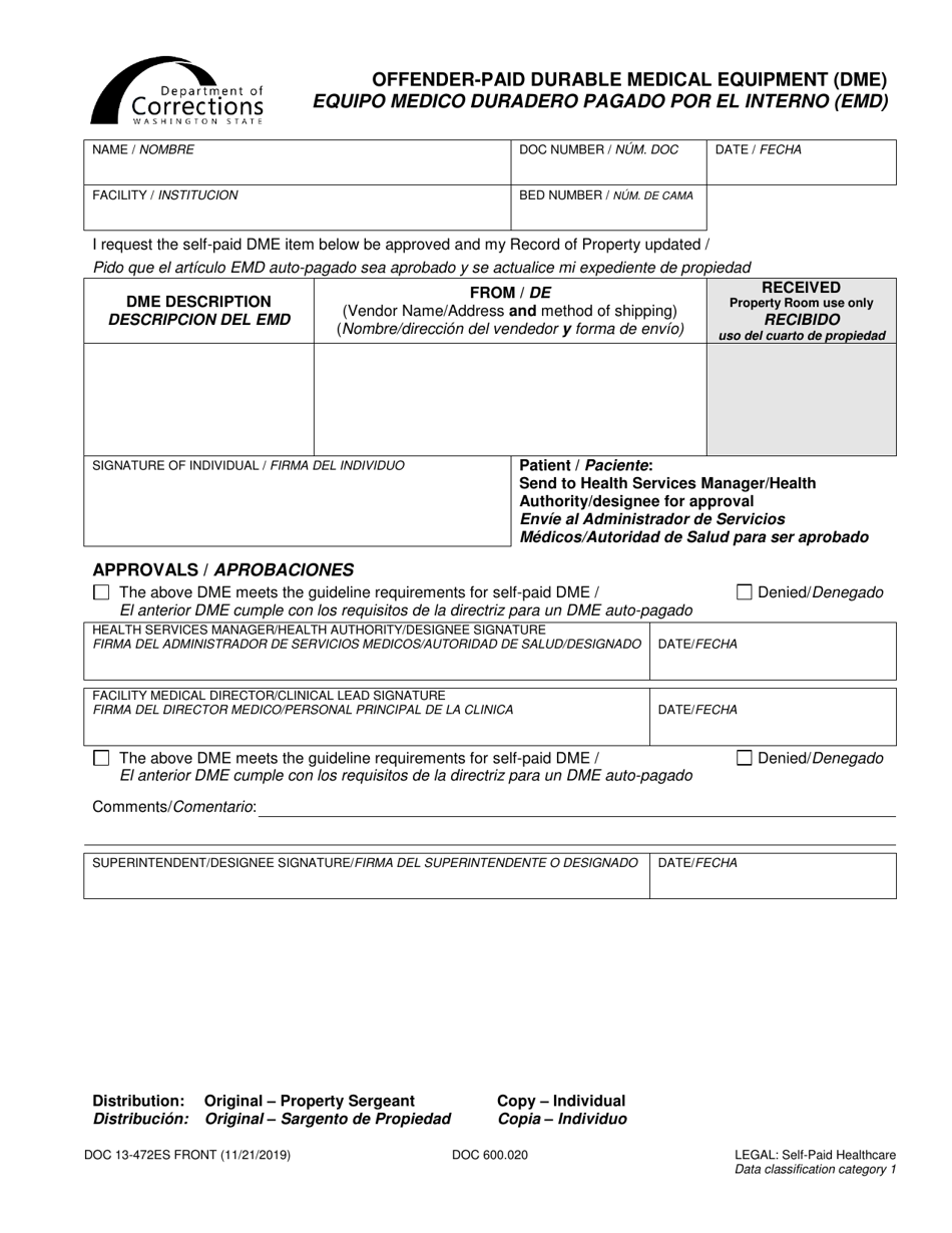Form DOC13-472 Offender-Paid Durable Medical Equipment (Dme) - Washington (English / Spanish), Page 1